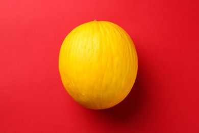 Photo of One fresh melon on red background, top view