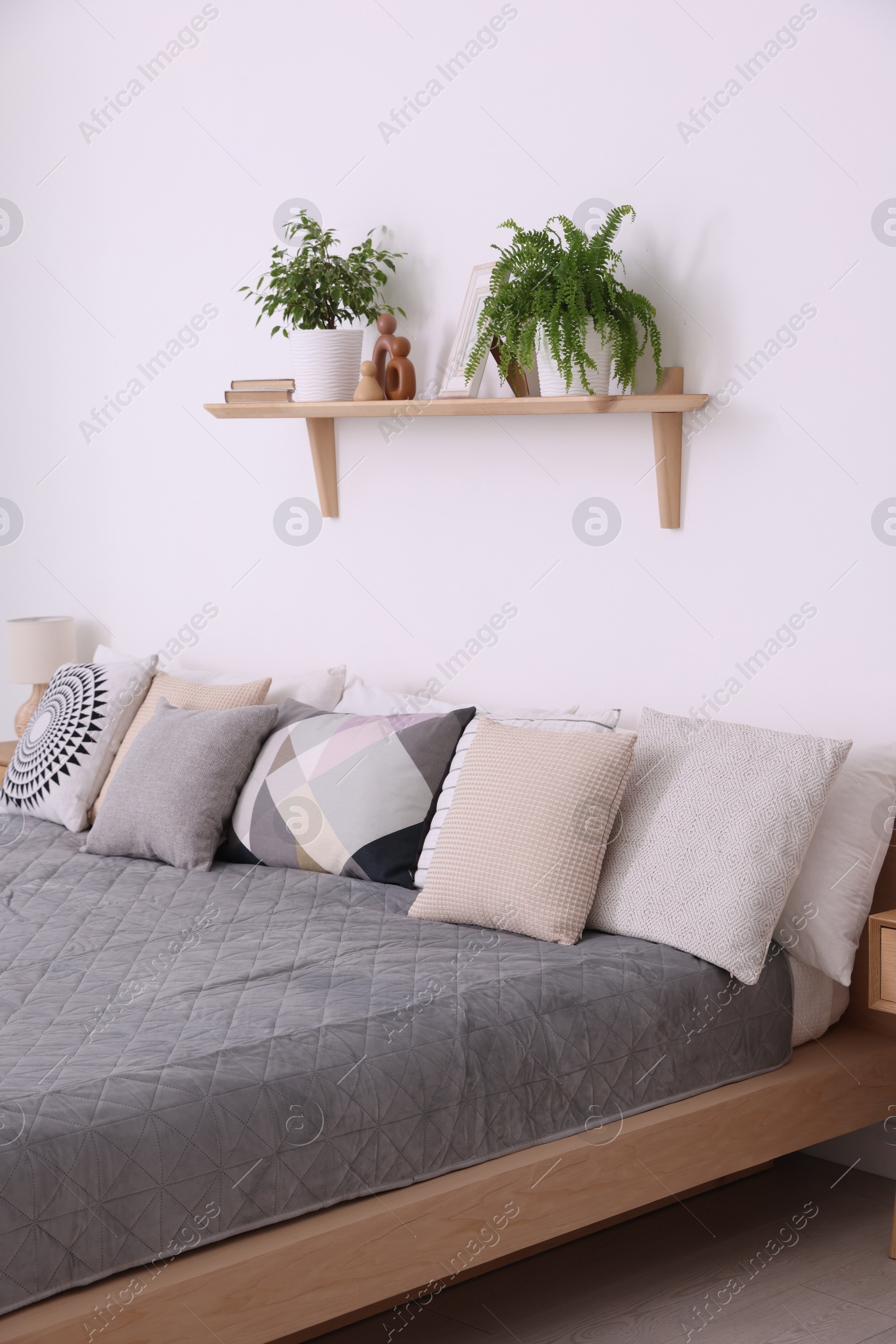 Photo of Large bed, houseplants and decorative elements in room. Stylish bedroom interior