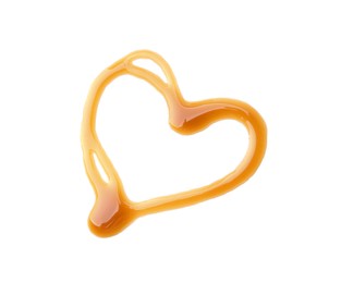 Photo of Heart made of tasty salted caramel isolated on white, top view