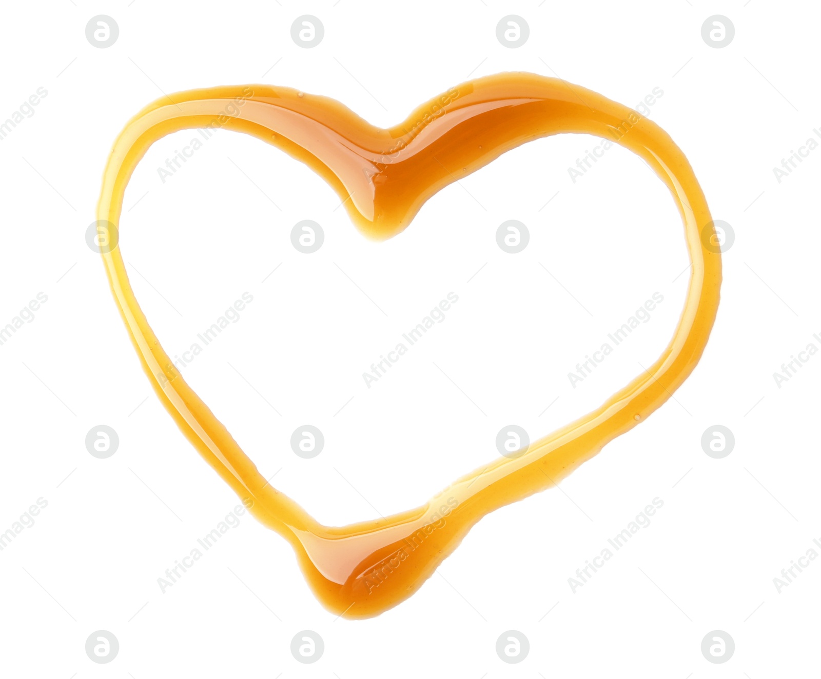 Photo of Heart made of tasty salted caramel isolated on white, top view