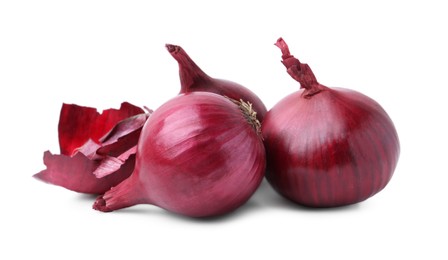 Photo of Fresh onions with peels isolated on white