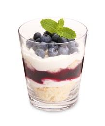 Photo of Tasty trifle dessert. Sponge cake, blueberries, jam and whipped cream in glass isolated on white