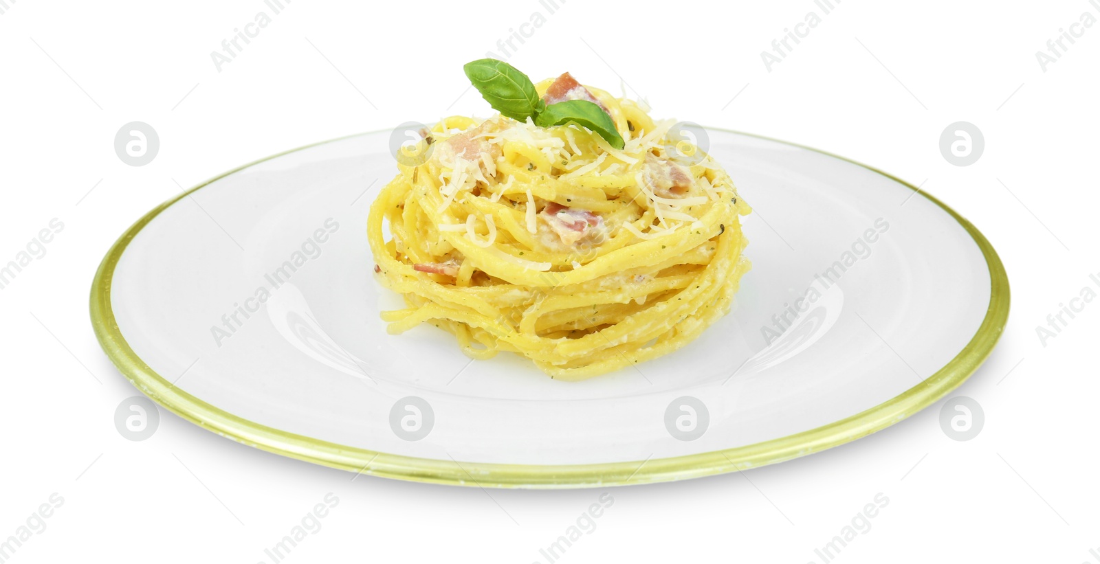 Photo of Plate with delicious pasta Carbonara isolated on white