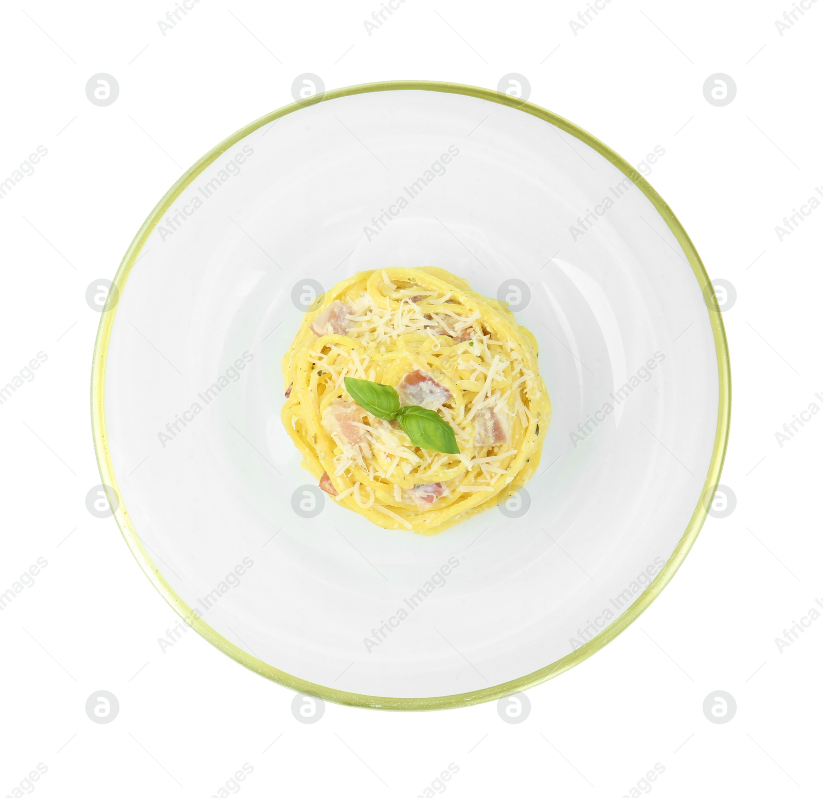 Photo of Plate with delicious pasta Carbonara isolated on white, top view