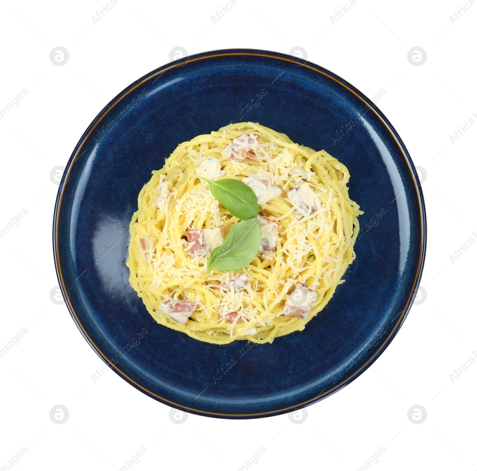 Photo of Plate with delicious pasta Carbonara isolated on white, top view