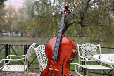 Photo of Beautiful cello near chair in park. Classic musical instrument