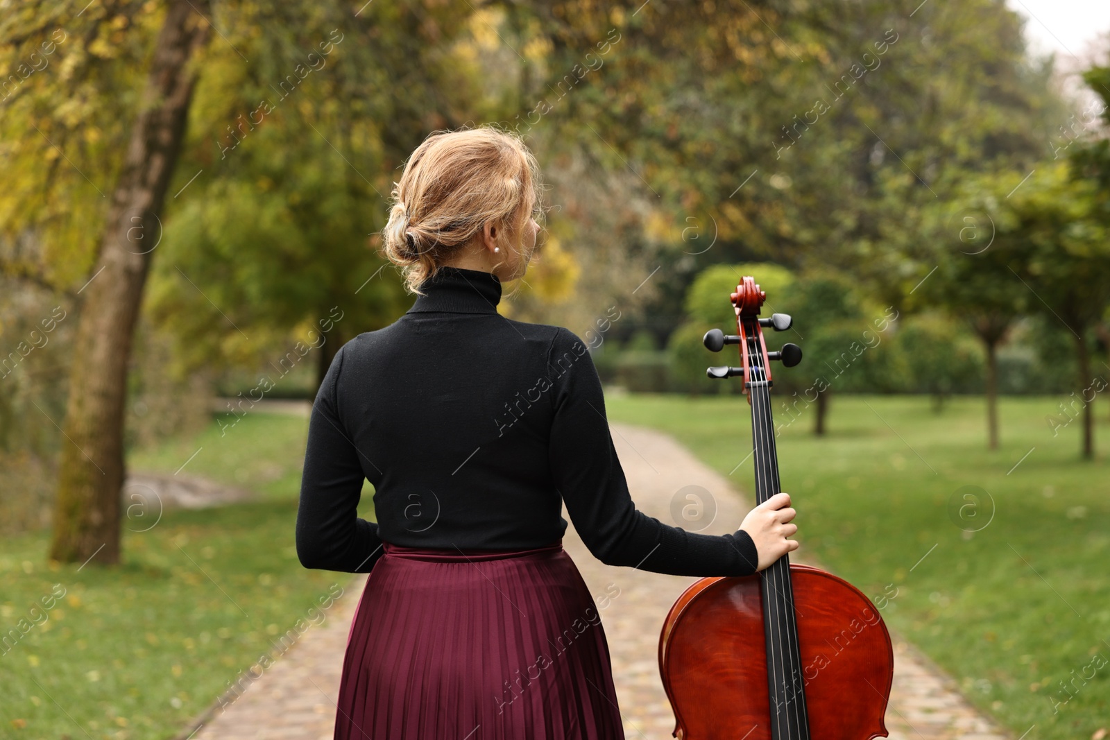 Photo of Woman with cello in park, back view. Classic musical instrument