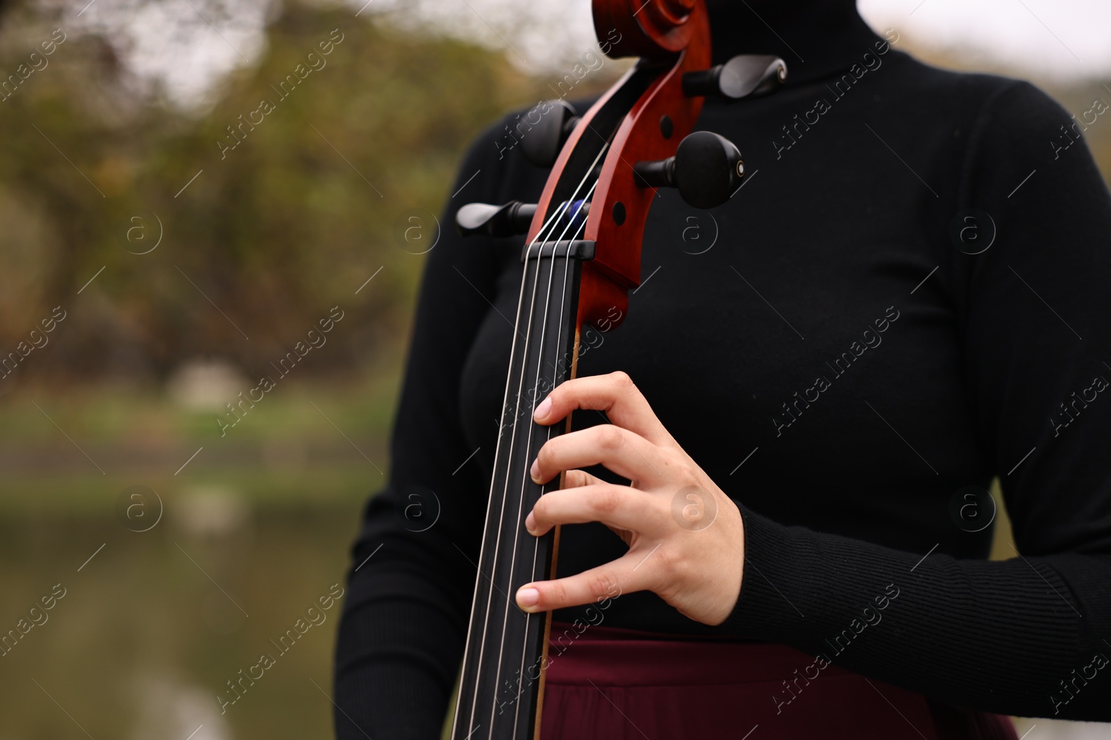 Photo of Woman with cello in park, closeup. Classic musical instrument