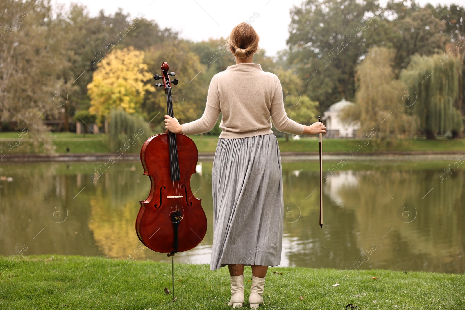 Photo of Woman with cello in park, back view