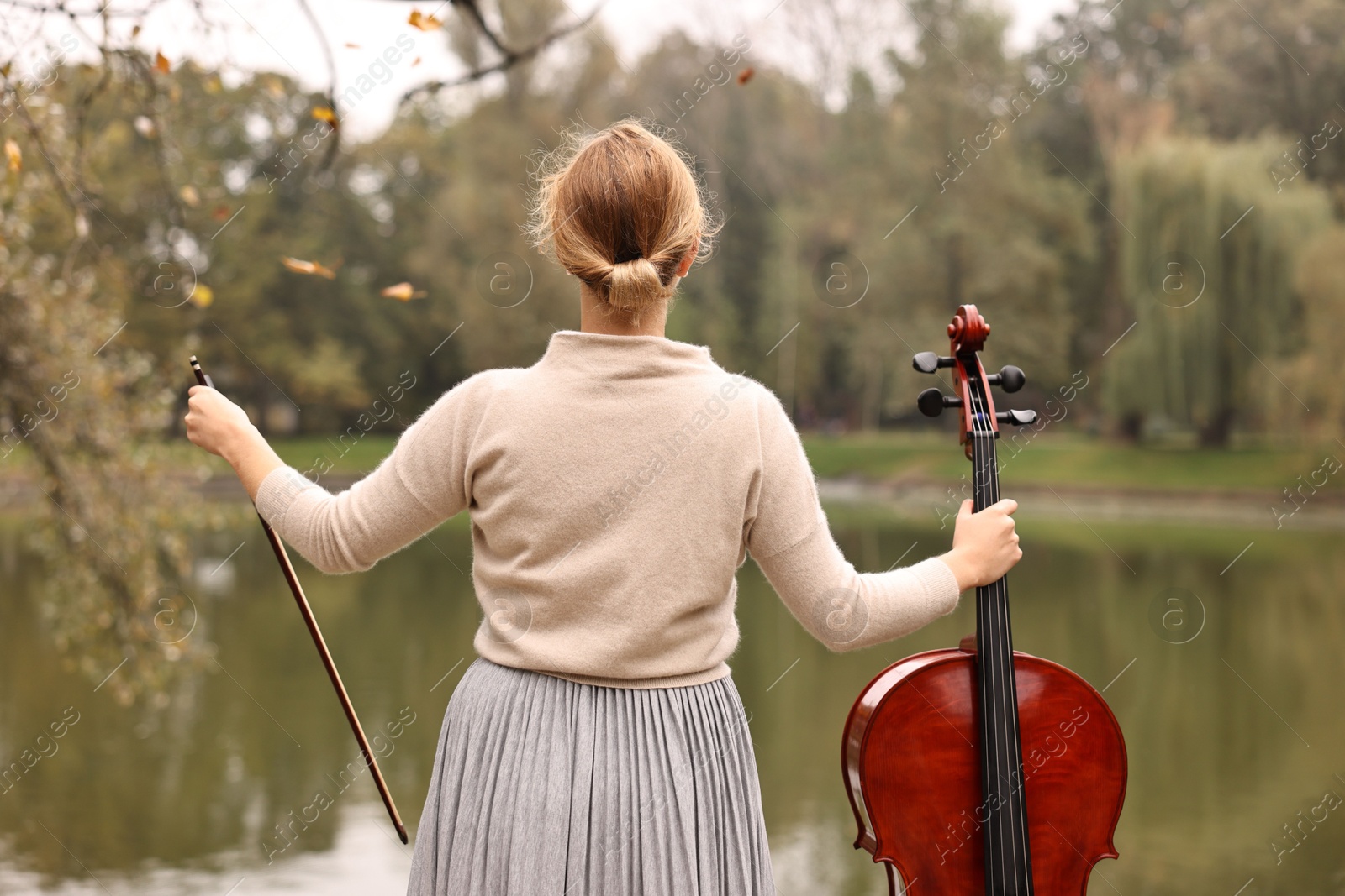 Photo of Woman with cello in park, back view. Classic musical instrument