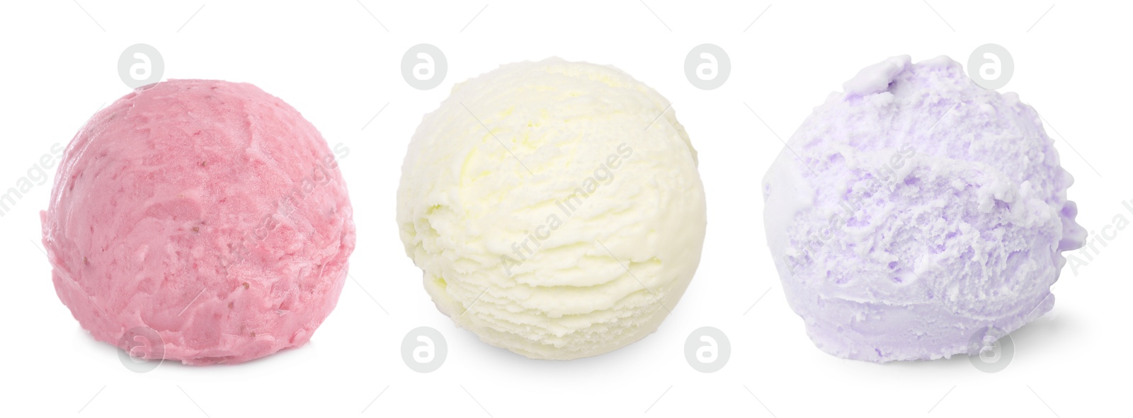 Image of Ice cream balls of different flavors isolated on white background