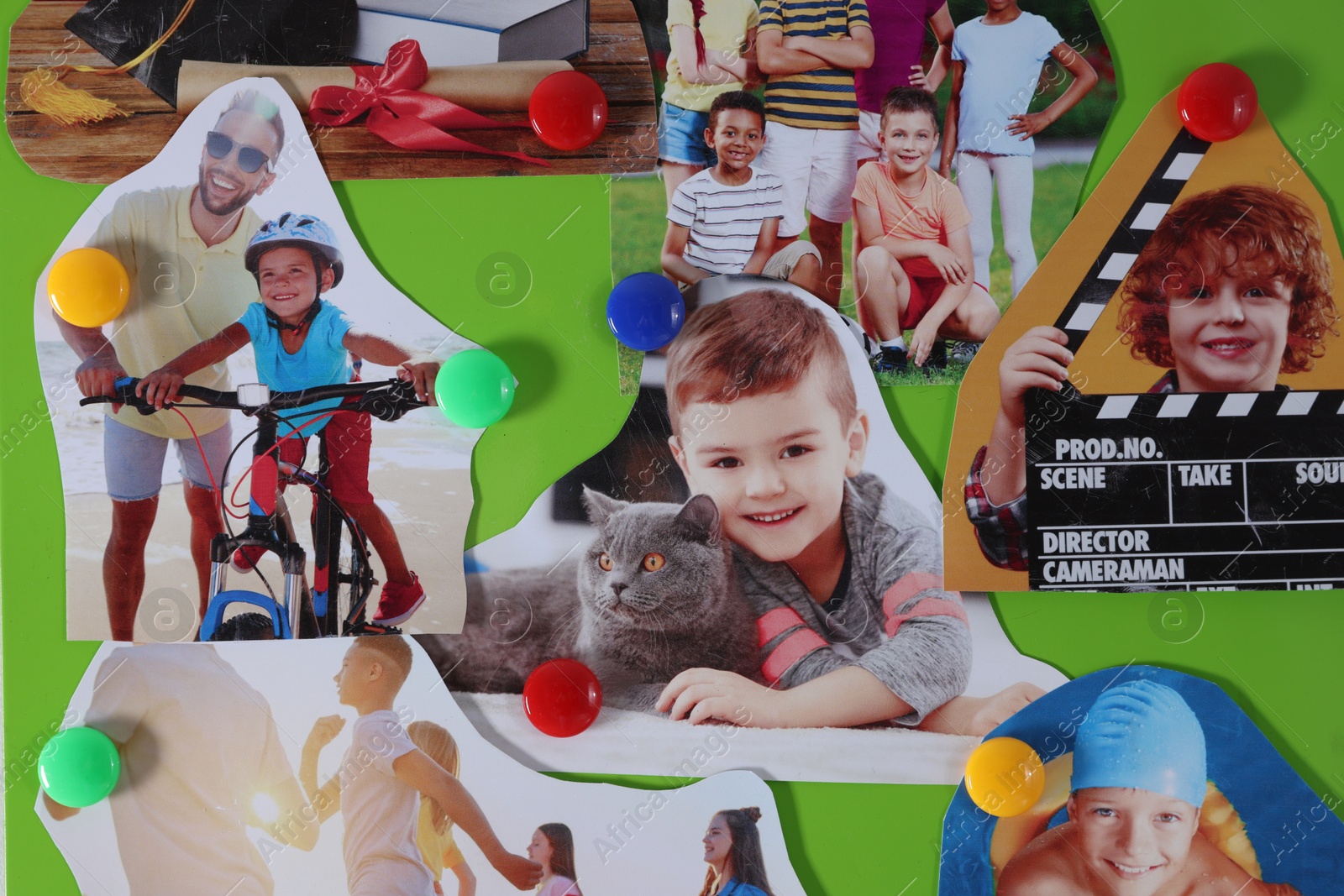 Photo of Vision board with different pictures as background, closeup