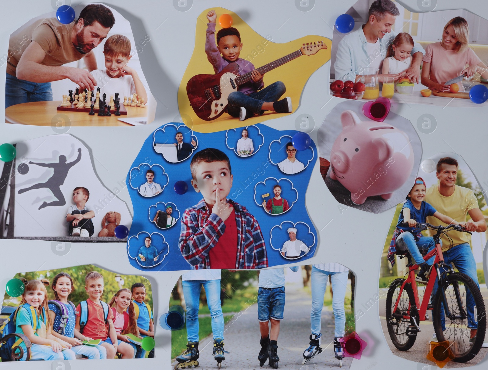 Photo of Vision board with different pictures on light background