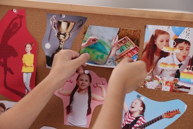 Girl creating vision board with different pictures indoors, closeup