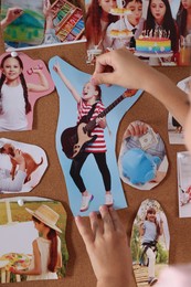 Photo of Girl creating vision board with different pictures indoors, closeup