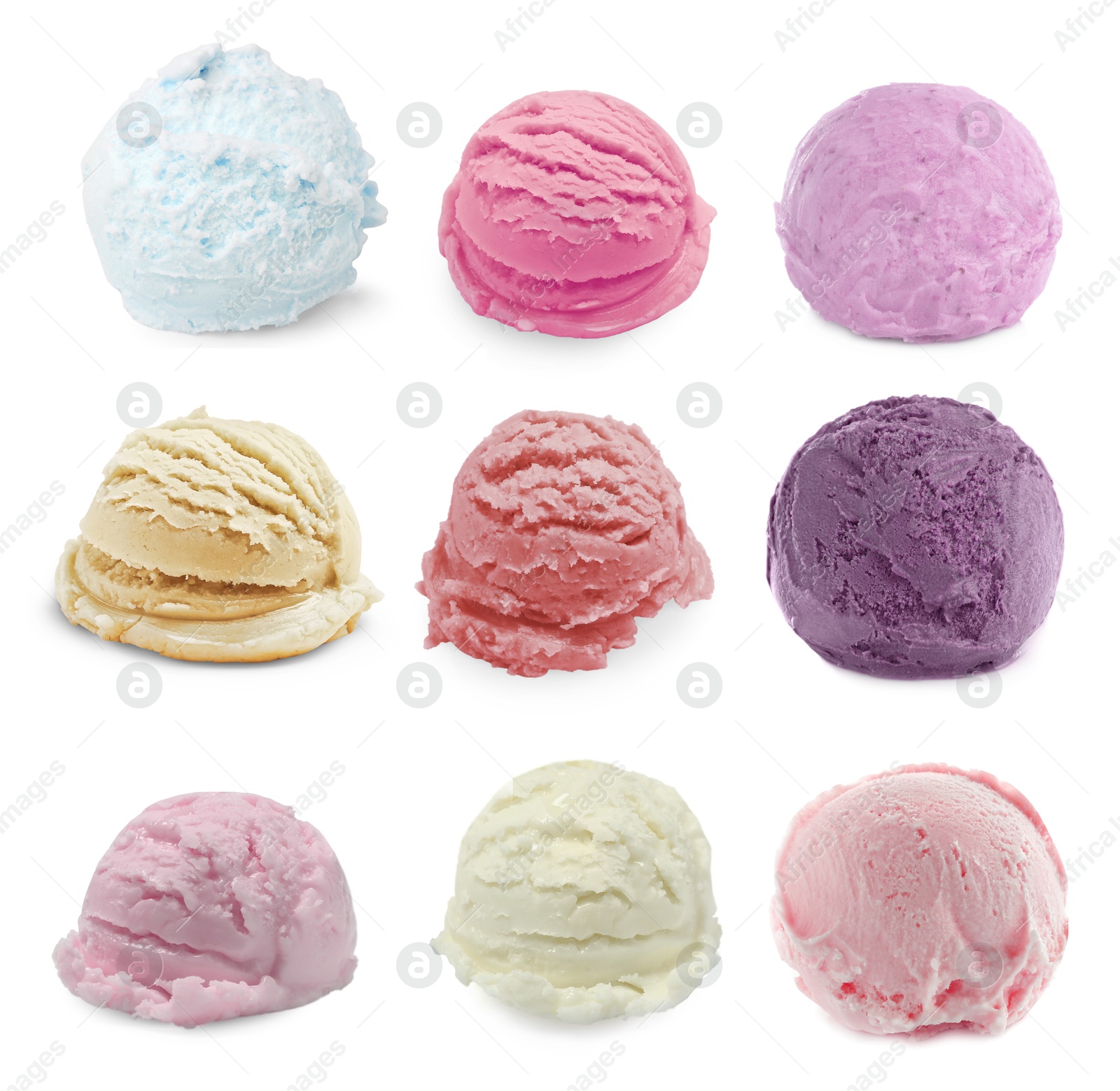 Image of Ice cream balls of different flavors isolated on white background