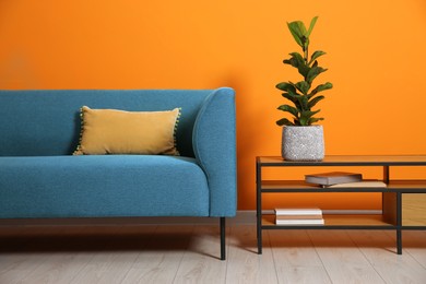 Image of Comfortable light blue sofa and shelving unit near orange wall in room