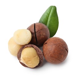 Image of Macadamia nuts and green leaf on white background