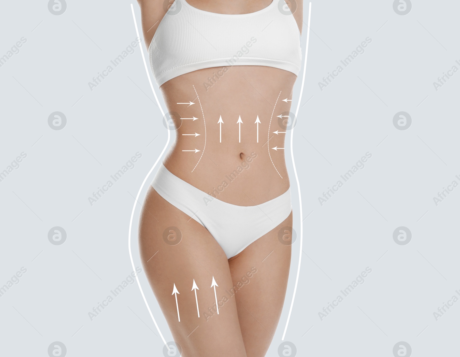 Image of Woman with perfect slim body on white background, closeup. Figure correction arrows and lines on skin