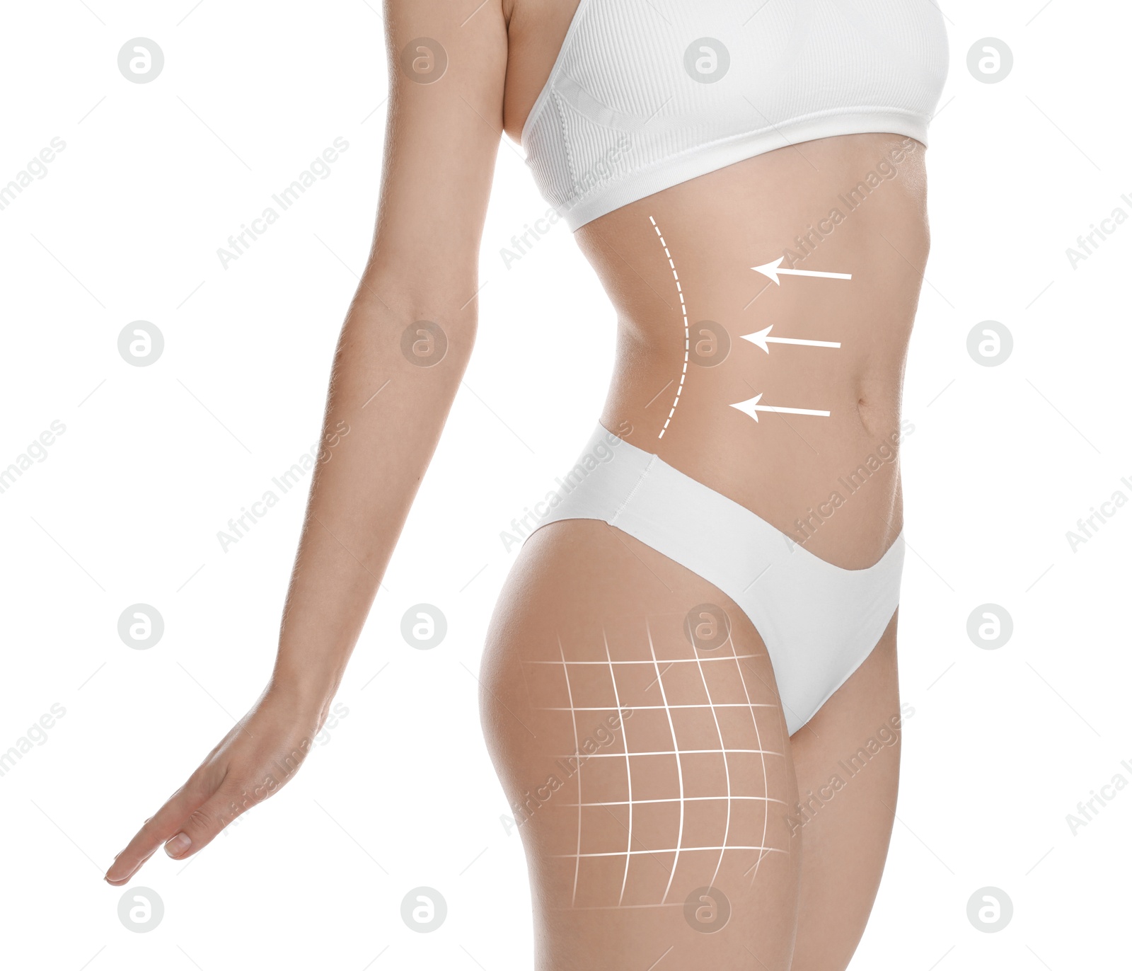 Image of Woman with perfect slim body on white background, closeup. Figure correction arrows and lines on skin