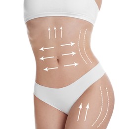 Image of Woman with perfect slim body on white background, closeup. Figure correction arrows and lines on skin