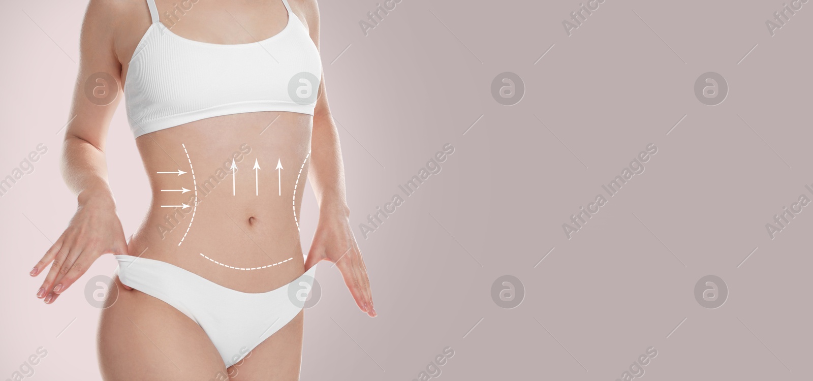 Image of Woman with perfect slim body on dusty pink background, closeup. Figure correction arrows and lines on skin. Banner design with space for text