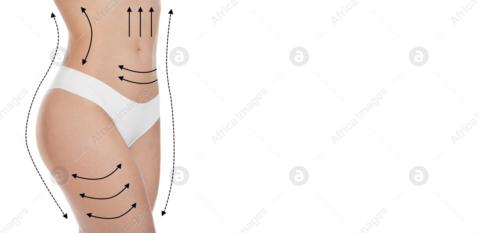 Image of Woman with perfect slim body on white background, closeup. Figure correction arrows. Banner design with space for text