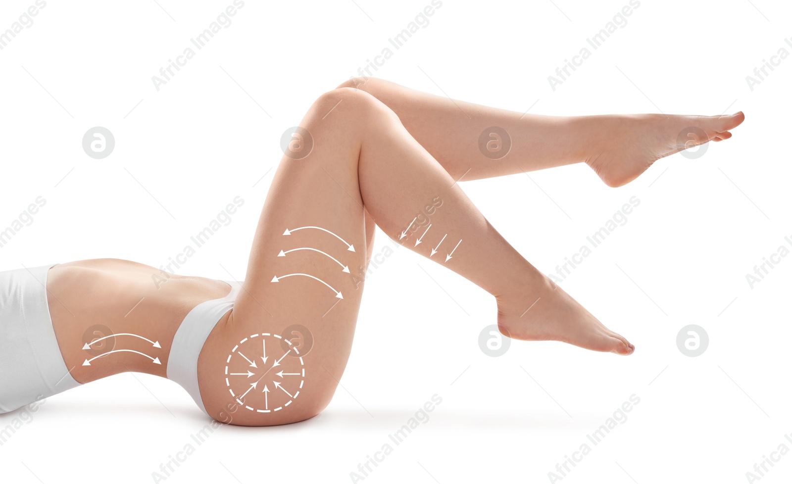 Image of Woman with perfect slim body on white background, closeup. Figure correction arrows and lines on skin