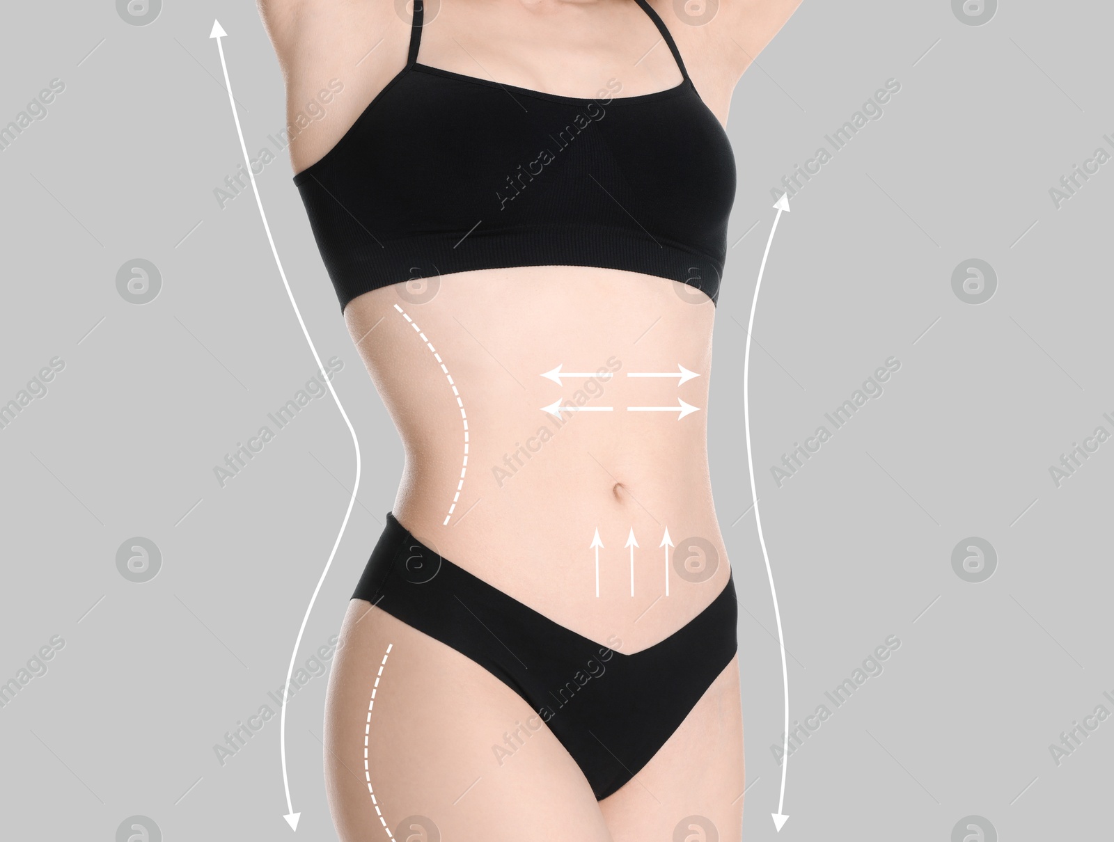 Image of Woman with perfect slim body on light grey background, closeup. Figure correction arrows