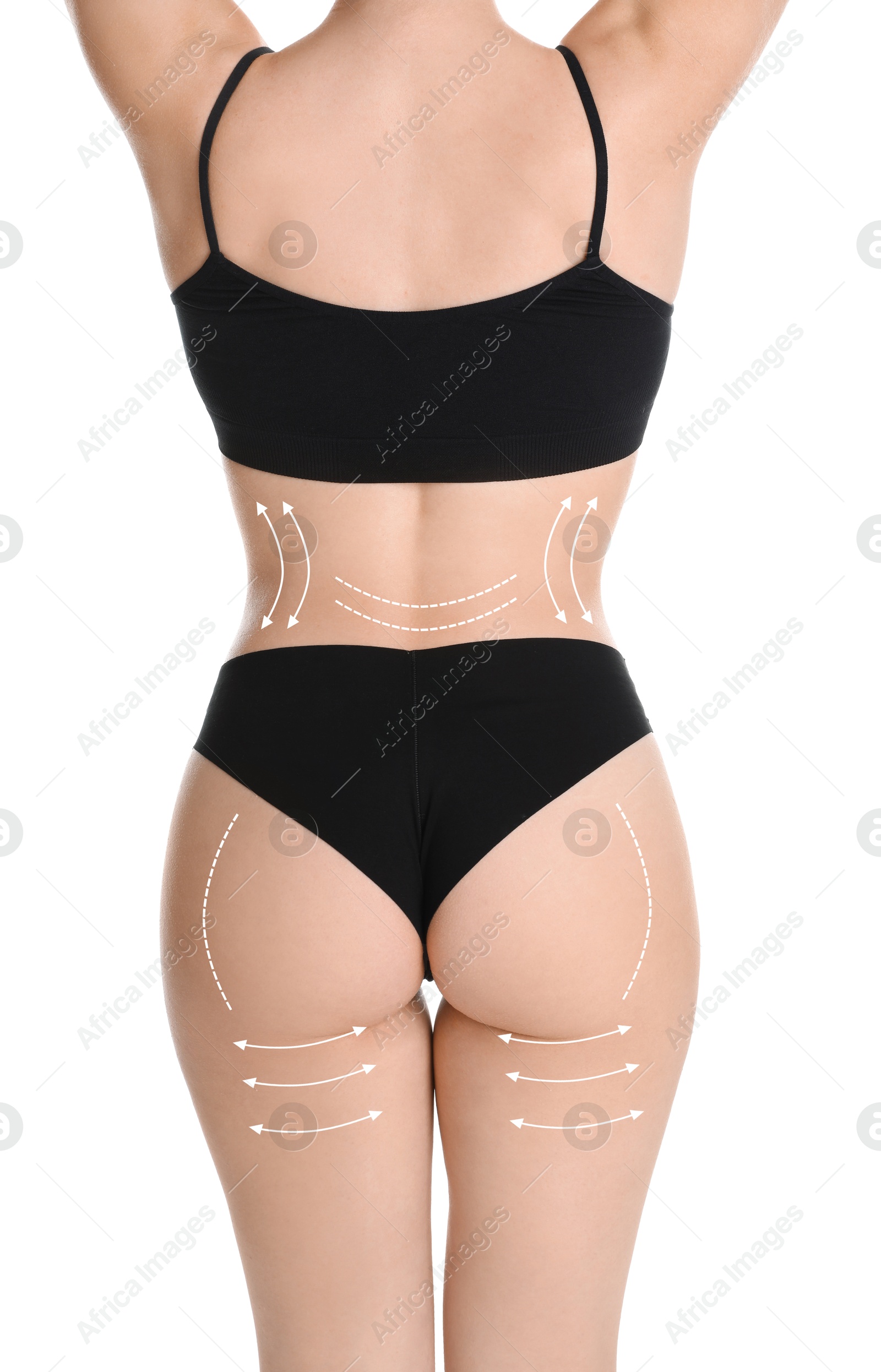 Image of Woman with perfect slim body on white background, closeup. Figure correction arrows and lines on skin