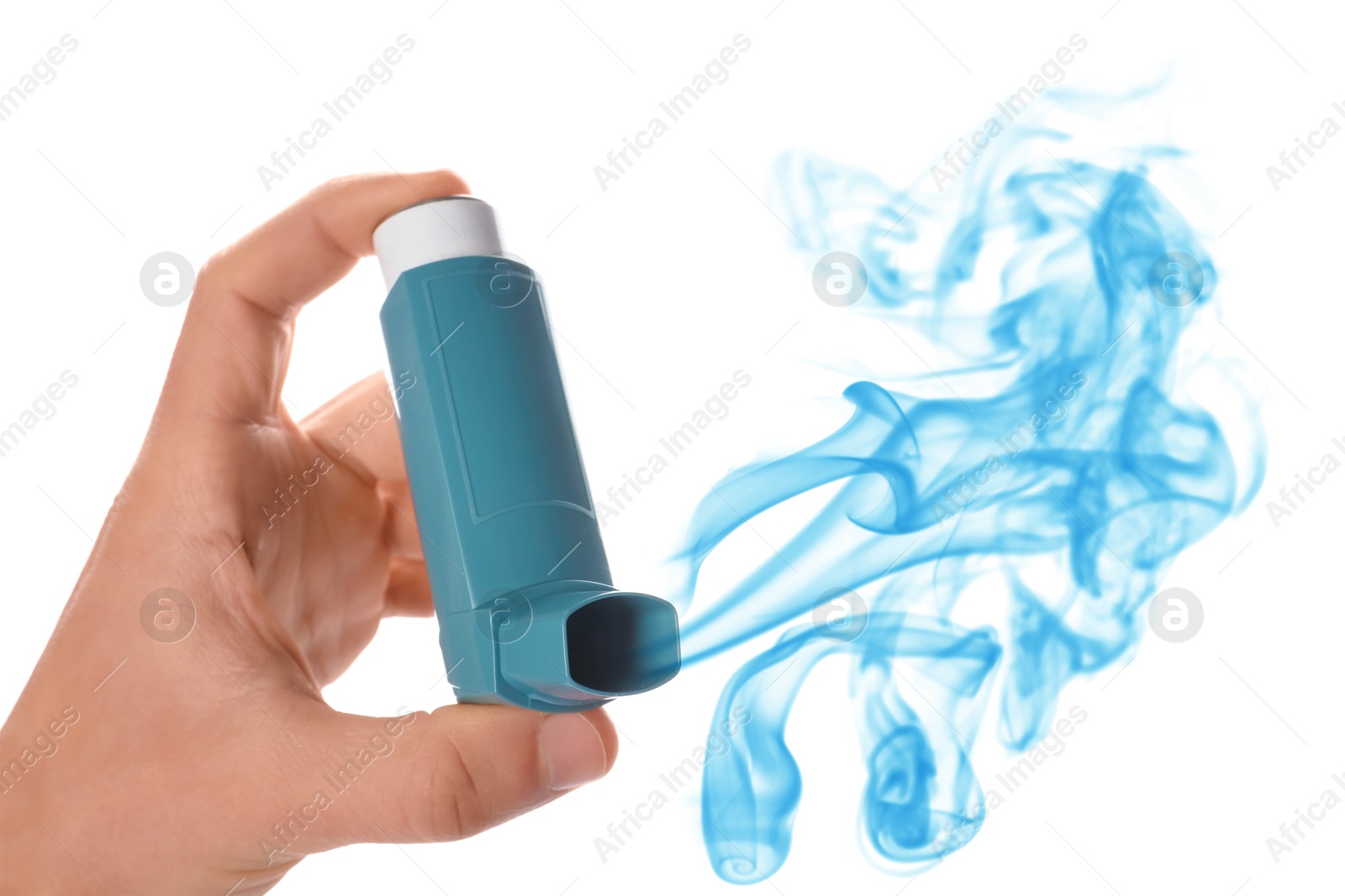 Image of Asthma treatment. Man holding inhaler on white background, closeup. Aerosolized medication coming out of device