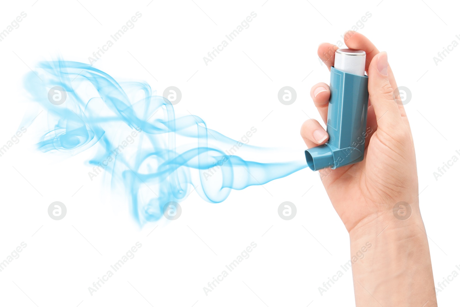 Image of Asthma treatment. Woman holding inhaler on white background, closeup. Aerosolized medication coming out of device