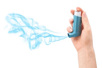 Image of Asthma treatment. Woman holding inhaler on white background, closeup. Aerosolized medication coming out of device