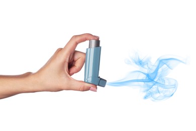 Image of Asthma treatment. Woman holding inhaler on white background, closeup. Aerosolized medication coming out of device