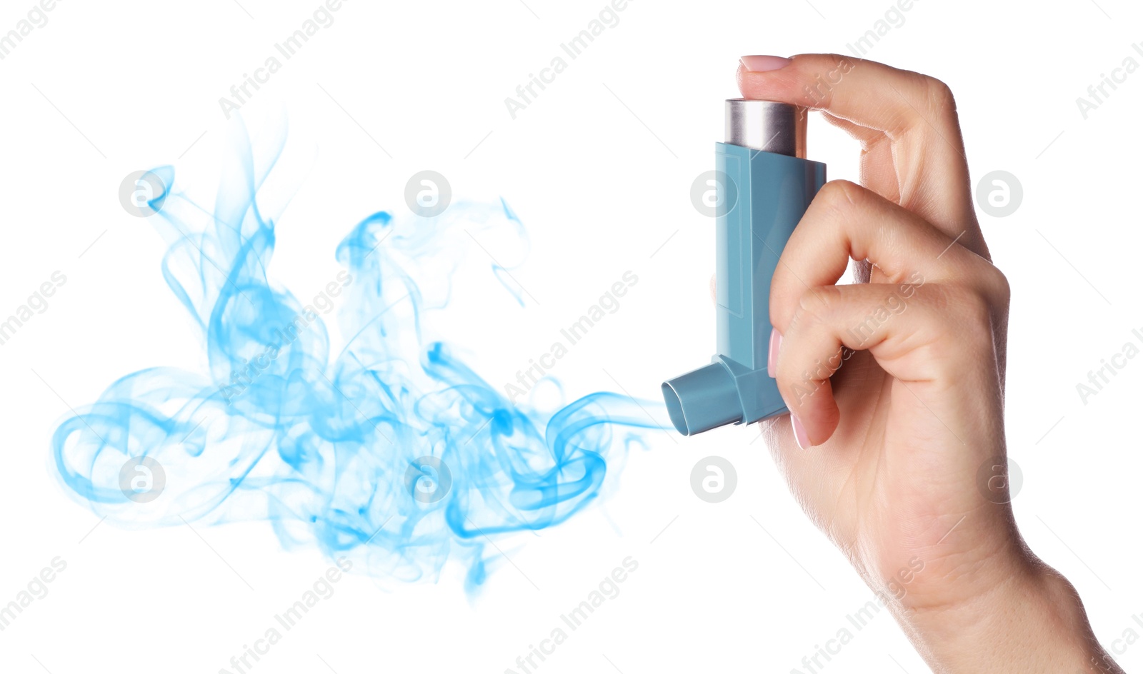 Image of Asthma treatment. Woman holding inhaler on white background, closeup. Aerosolized medication coming out of device