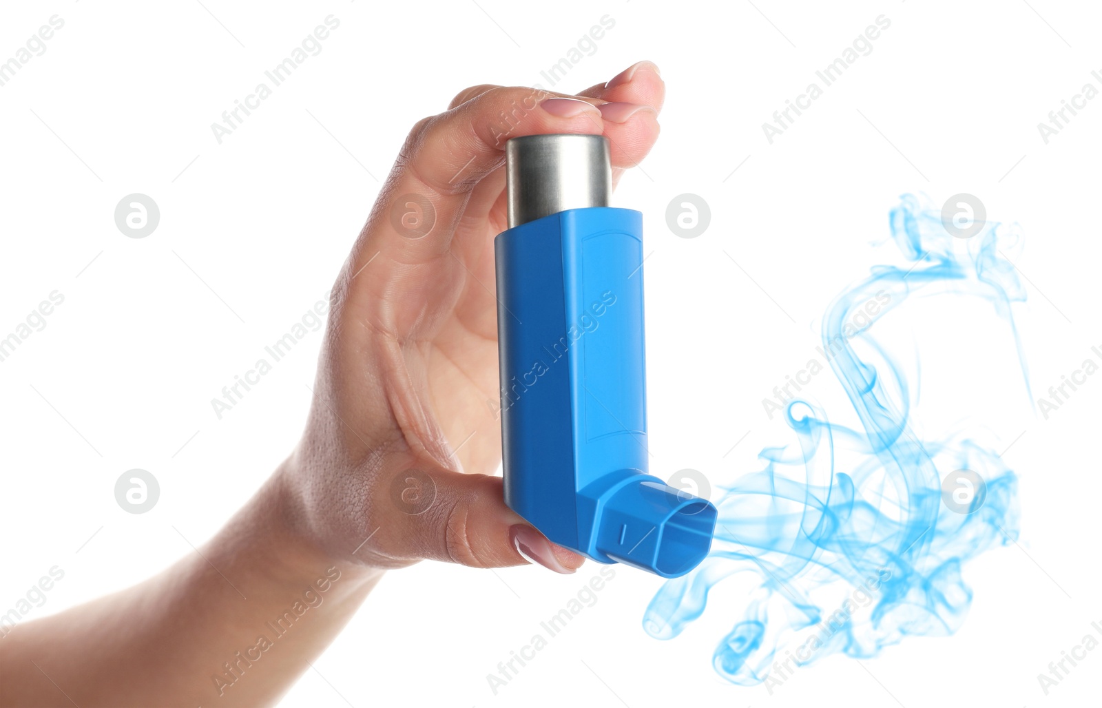 Image of Asthma treatment. Woman holding inhaler on white background, closeup. Aerosolized medication coming out of device