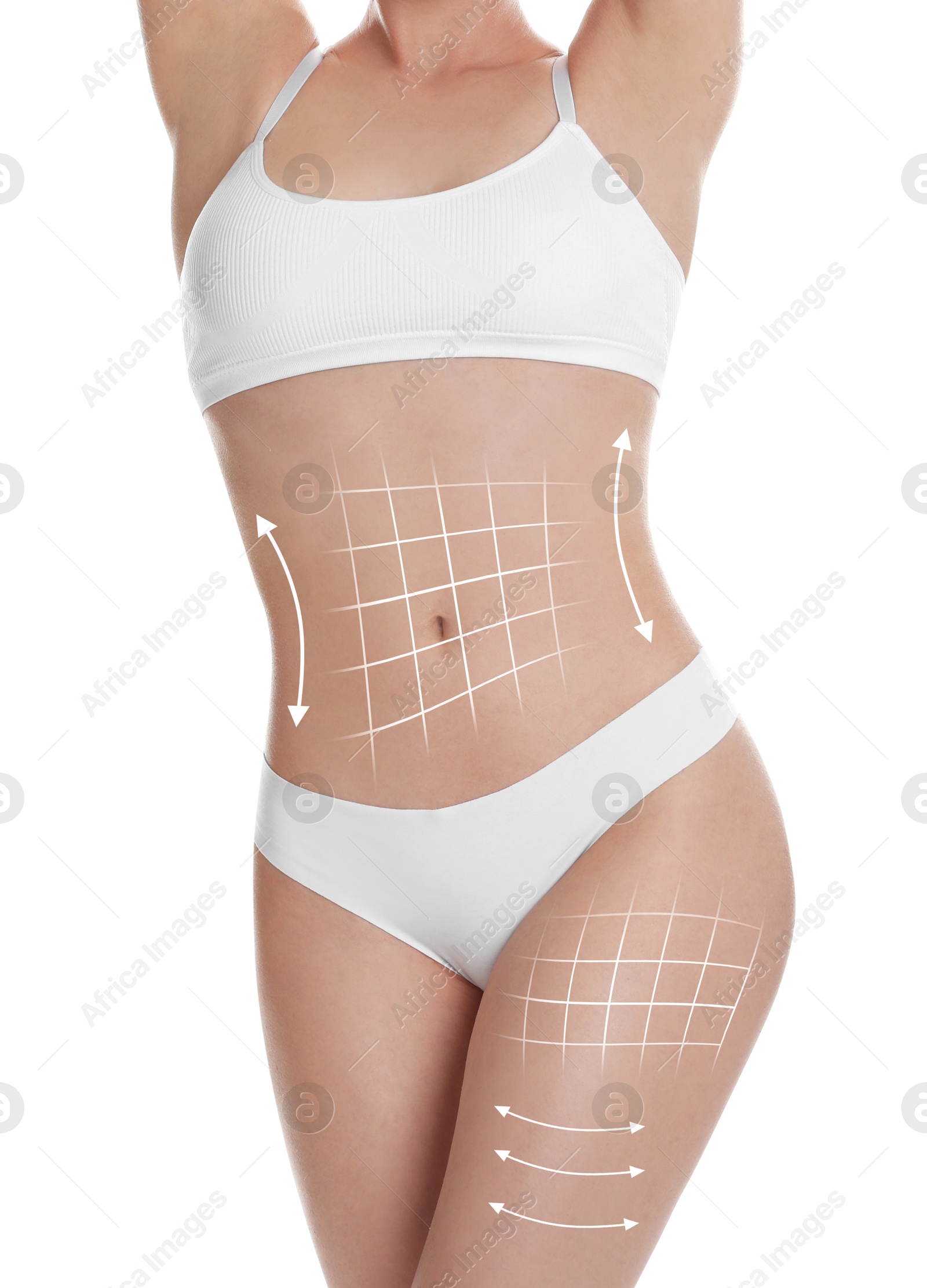 Image of Woman with perfect slim body on white background, closeup. Figure correction arrows and lines on skin