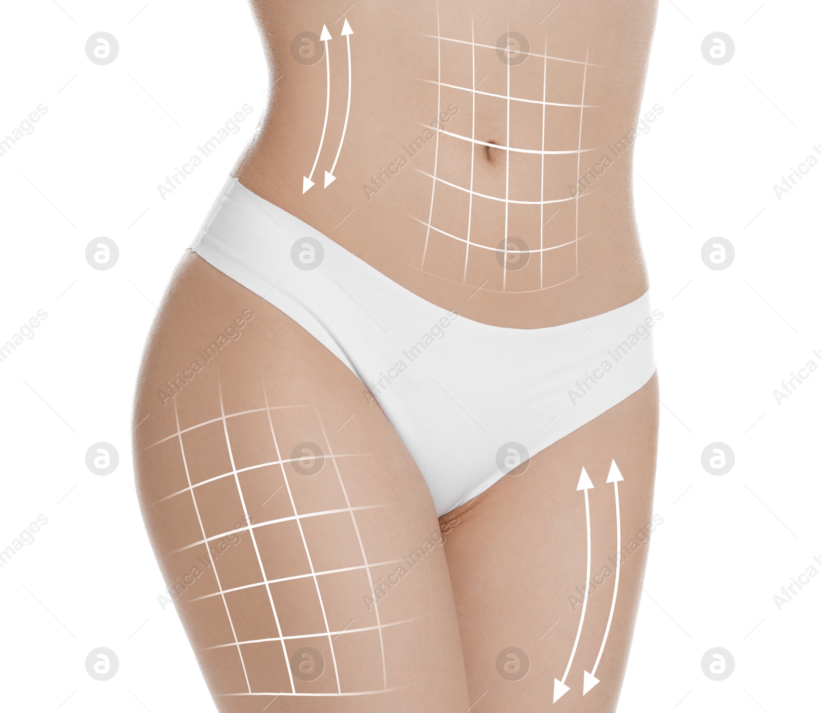 Image of Woman with perfect slim body on white background, closeup. Figure correction arrows and lines on skin