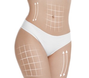 Woman with perfect slim body on white background, closeup. Figure correction arrows and lines on skin