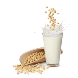 Image of Soy beans falling into glass of plant milk on white background