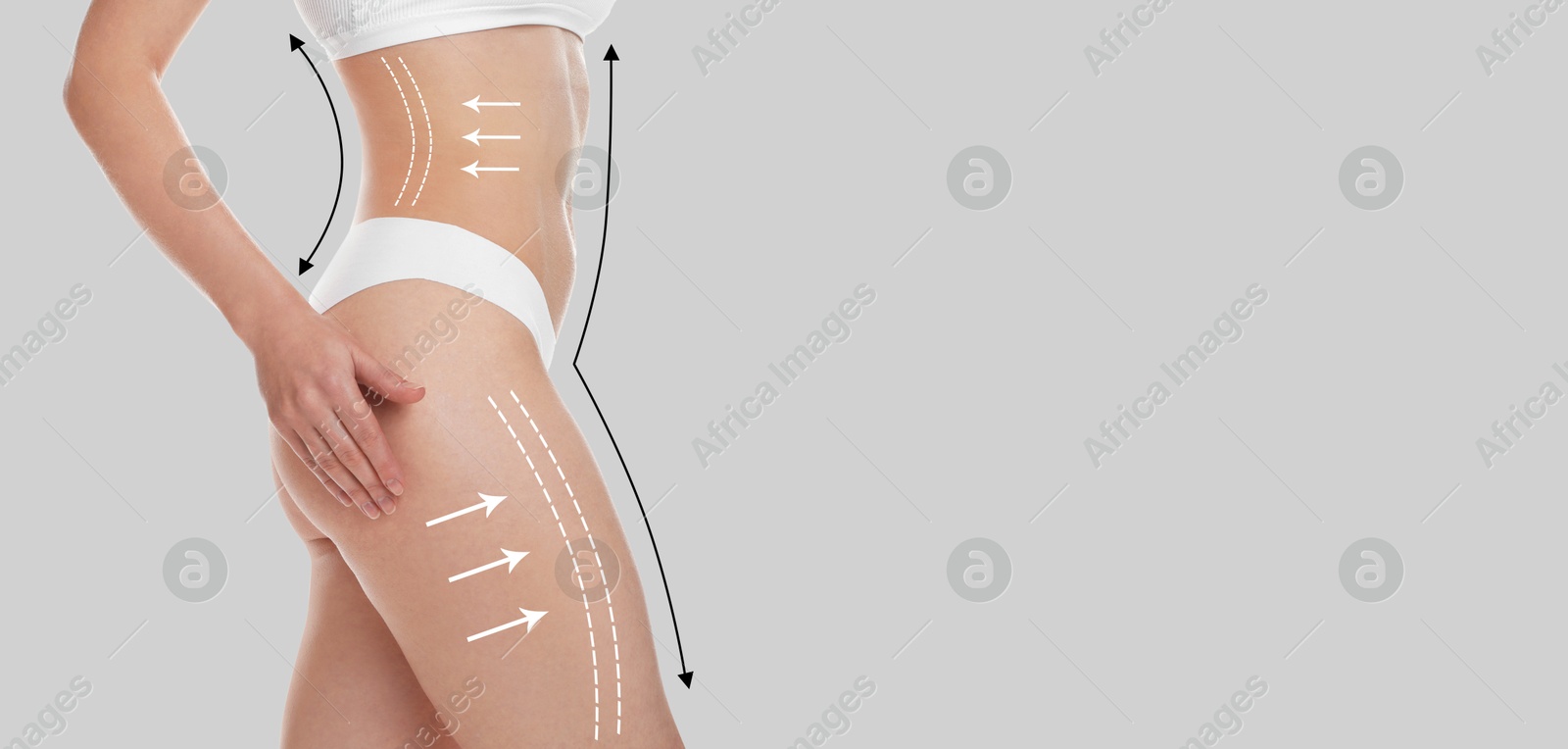 Image of Woman with perfect slim body on light grey background, closeup. Figure correction arrows and lines. Banner design with space for text