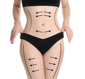 Woman with perfect slim body on white background, closeup. Figure correction arrows and lines on skin