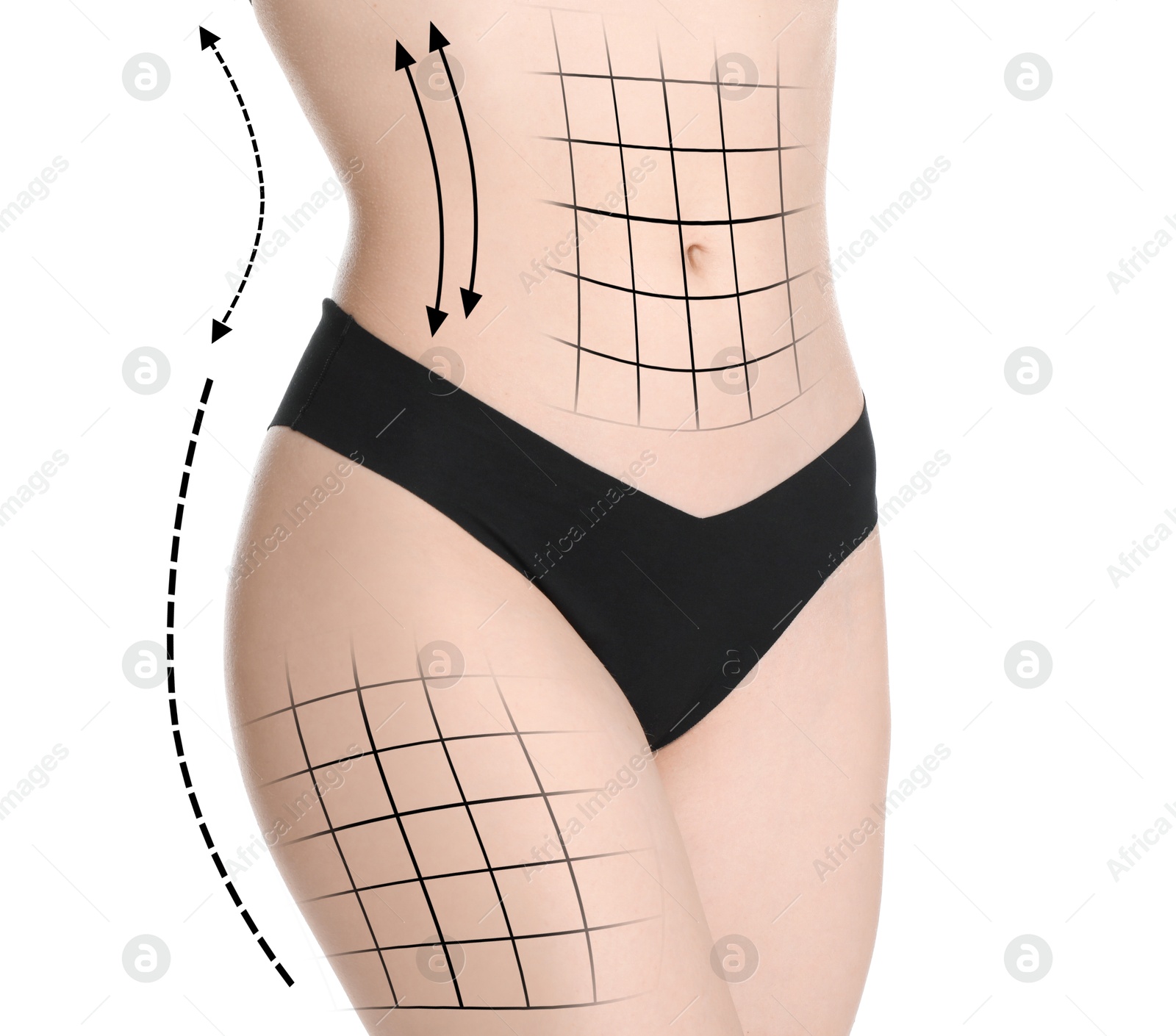 Image of Woman with perfect slim body on white background, closeup. Figure correction arrows and lines