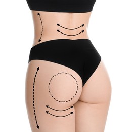 Woman with perfect slim body on white background, closeup. Figure correction arrows and line on skin