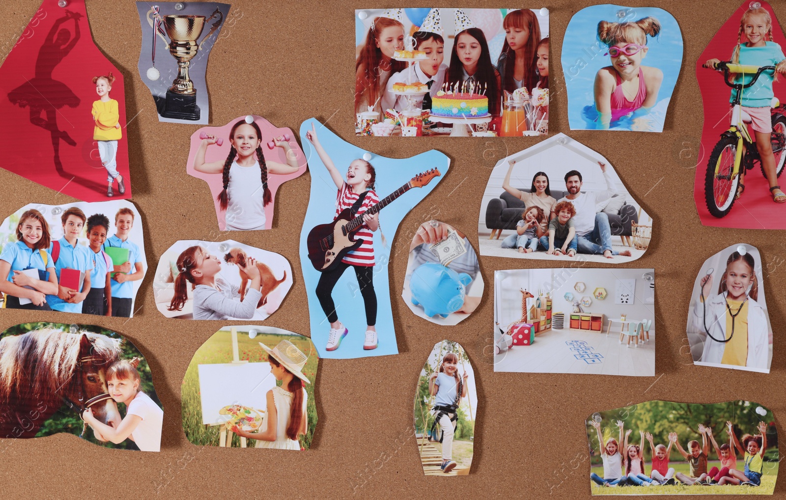 Photo of Vision board with different pictures as background, closeup