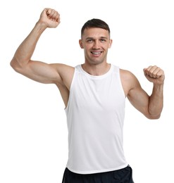 Photo of Man in sportswear running on white background