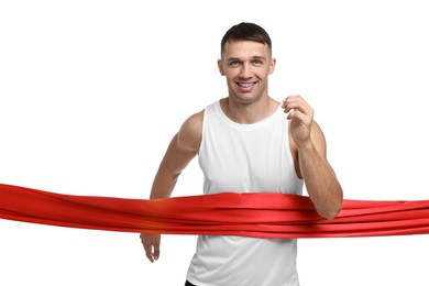 Man crossing red finish line on white background