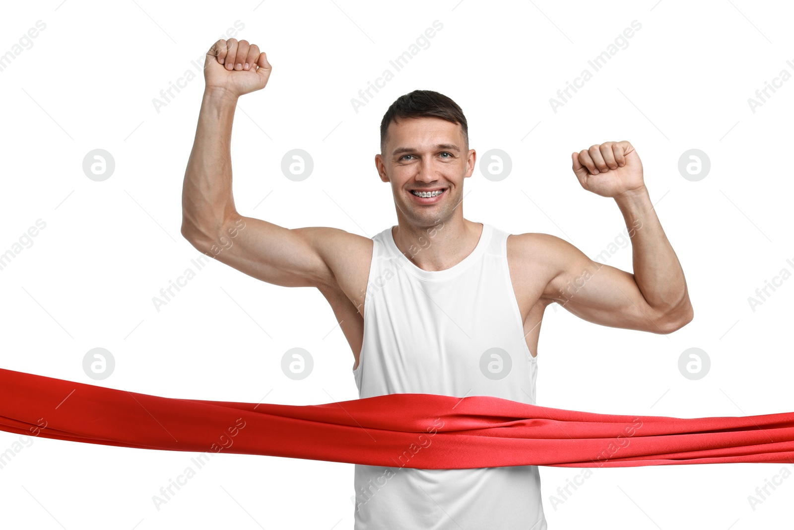 Photo of Man crossing red finish line on white background