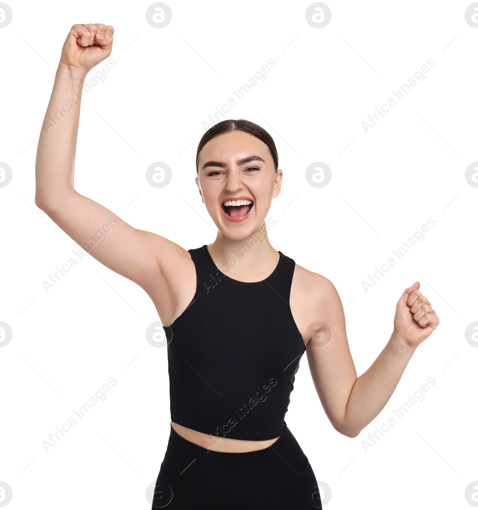 Photo of Beautiful woman in sportswear running on white background