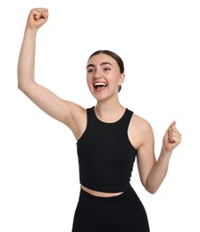 Photo of Beautiful woman in sportswear running on white background